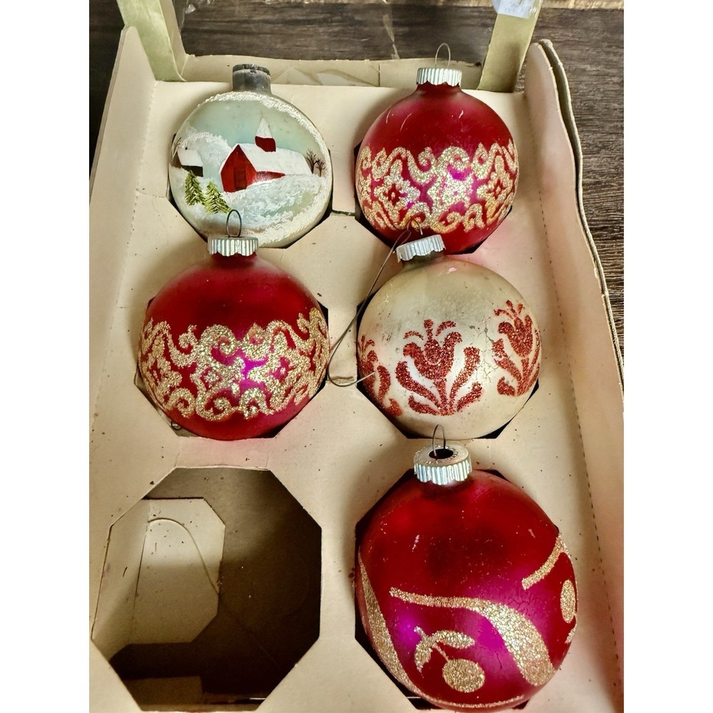Vintage Box Of 5 Shiny Brite Christmas Tree Ornaments With Stencil Designs